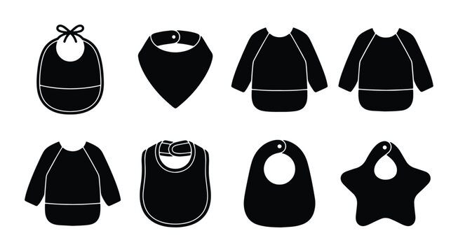Baby Bibs Collection, 8 Black Vector Icons, Infant Feeding Accessories, Toddler Mealtime Essentials