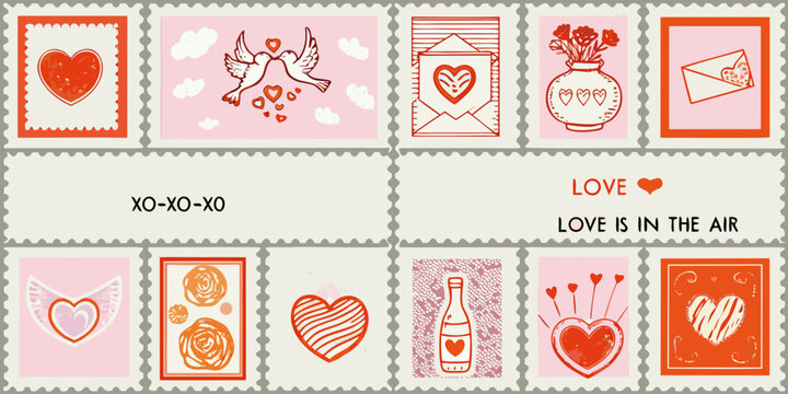 valentine s day stamps collection romantic decorative set on pink background
