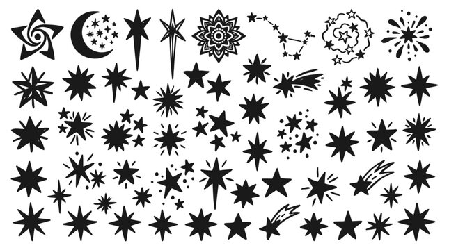 Set of hand-drawn vector stars and sparkles, doodle style, Set of hand drawn black stars and sparkle icons with a rough sketch texture .
