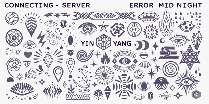 collection of y2k style tribal sigils and symbols dark background