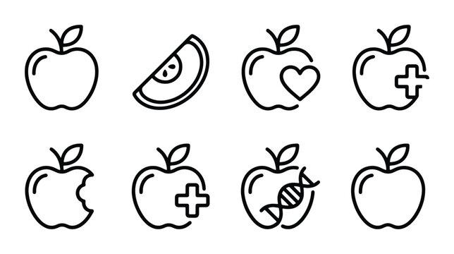 Apple Icons Set: Healthy Food, Medical Symbols, DNA Science, Bite Mark, Slice - Clean Line Art Vector Graphics for Health and Nutrition Concepts
