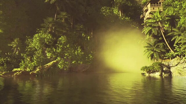 foglifted cove at riverbend with soft diffuse light and low palms, gentle water mirroring green masses contemplative quiet, subtle contrasts between mist