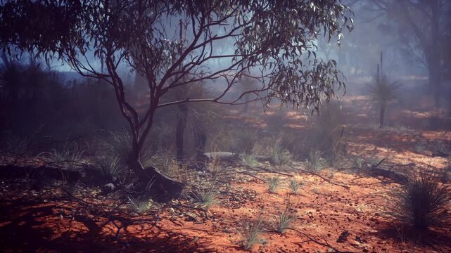 Sunset scrubland with deep long shadows and warm low light, single tree anchoring textured red soil and sparse grasses, cinematic palette emphasizes solitude
