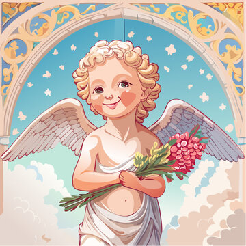 Playful Putto Cherub Angel Holding Flower Bouquet Under Ornate Gilded Archway Illustration