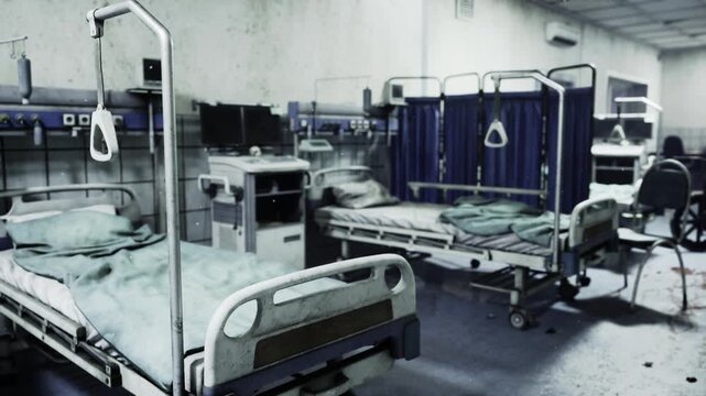 abandoned hospital ward with empty beds, dim fluorescent lights, stained linens and rusted monitors, privacy curtains halfdrawn, wheelchair parked by wall,