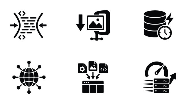 Data Compression and Optimization Icons Set, Digital Information Transfer and Storage Concepts, Server Performance and Network Connectivity Symbols