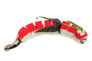 Sushi rolls with red tobiko caviar in the shape of a dragon. Isolated on white background. Creative dish on the menu. © Sergei