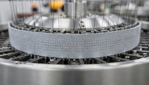 Closeup of textile manufacturing on circular machines creating breathable elastic waistbands used in sports shorts showing smooth fabric flow.