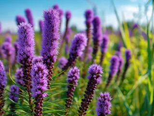 Fototapeta premium Vibrant purple liatris flowers blooming gracefully in a summer meadow under a clear bright blue sky