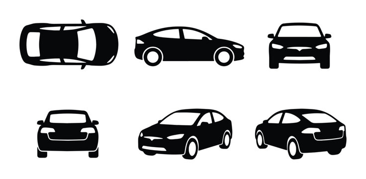Modern Car Icons Set: Top, Side, Front Views of Electric Vehicle Silhouettes for Transport Design