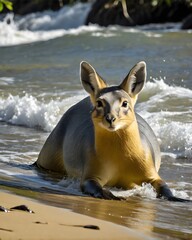 Fototapeta premium A stream toned patagonian mara bunny genetic hybrid fantasy animal, fictional species, in a sunlit surf line