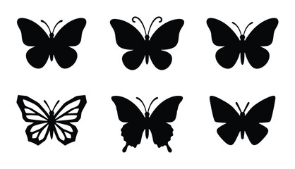 Six Black Butterfly Silhouettes, Vector Icons Set, Elegant Insect Graphics for Design © Mahadi
