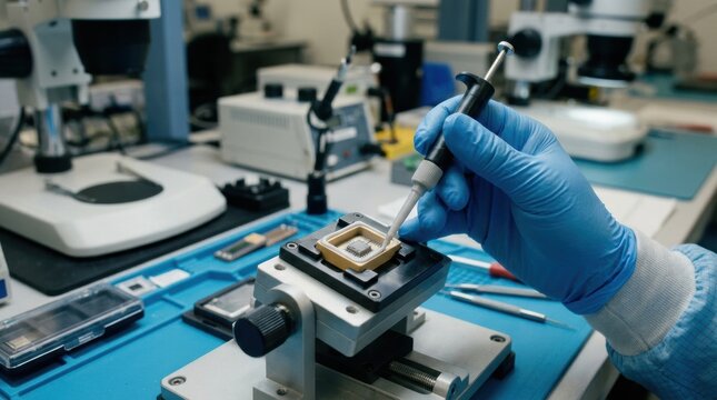 Closeup medium shot of a technician carefully sealing an accelerometer within a compact microelectromechanical system package highlighting precision assembly processes.