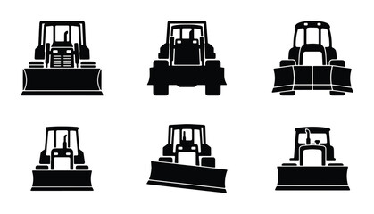 Bulldozer Icons Set, Heavy Machinery Vector Graphics, Construction Equipment Silhouettes for Industry and Engineering © Abid