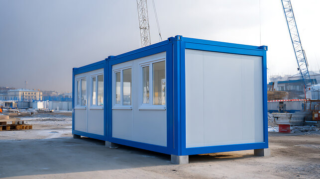 Modular office container on a construction site, blue and white facade, temporary structure for workers, clear sky background