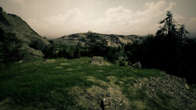 Rock outcrop on grassy slope reveals layered strata and textured boulders, muted sky adds scientific mood for geology, fieldwork, and educational visuals