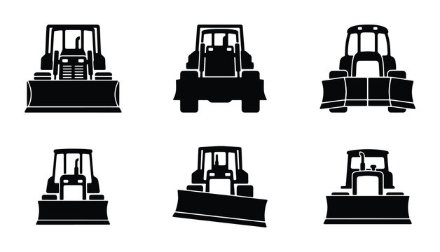 Bulldozer Icons Set, Heavy Machinery Vector Graphics, Construction Equipment Silhouettes for Industry and Engineering