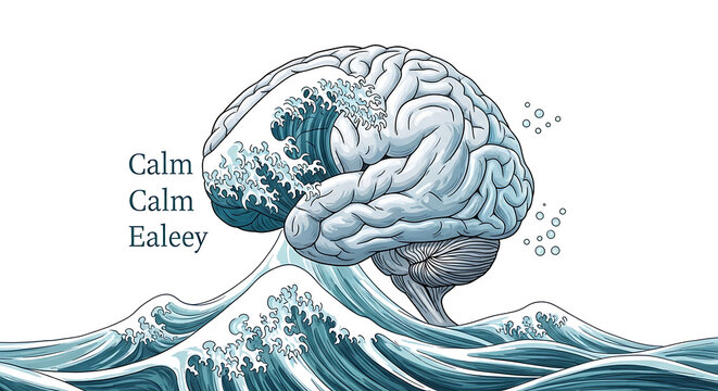 Brain with ocean waves crashing inside and outside calm mental health concept transparent background