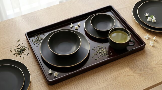 Minimalist japanese tea set with matcha and white blossoms on wooden tray.
