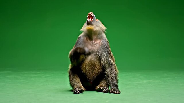 Adult Mandrill Walking and Roaring on Green Screen Background