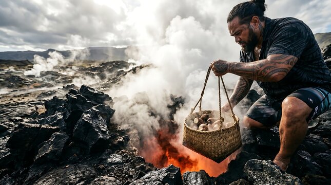 Strong tattooed Polynesian man cooking traditional taro root in a woven basket over a steaming volcanic geothermal vent