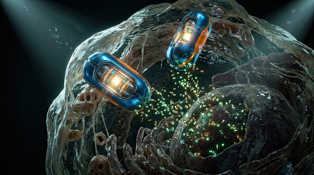 Two futuristic blue nanobots releasing therapeutic particles inside living cell cytoplasm.