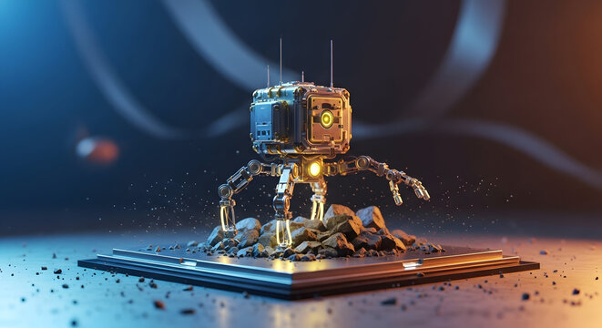 Futuristic nano robot exploring space on reflective surface with glowing lights and metallic texture in sci-fi environment