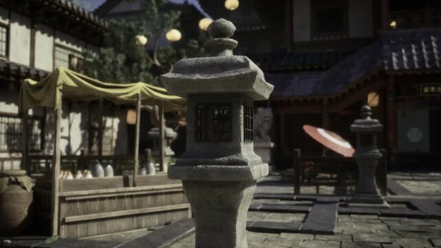 Ceremonial lantern at market entrance, central granite monument, flanking timber buildings and cloth canopies, midday light casting defined shadows, ceremonial