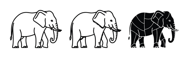 Obraz premium Elephant Icons Set, Simple Line Art and Silhouette Graphics, Wildlife Mammal Vector Collection
