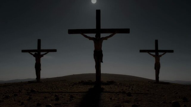 Jesus on cross at Calvary hill. Biblical scene of crucifixion of Christ with silhouettes under dark sky. Religious historical reenactment of passion mystery.
