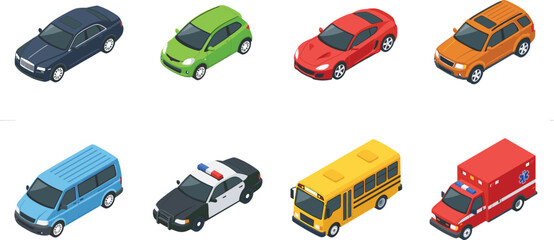 Isometric Vehicle Collection with Sedan Hatchback Sports Car SUV Van Police Car Bus and Ambulance Icons © MdSaddam