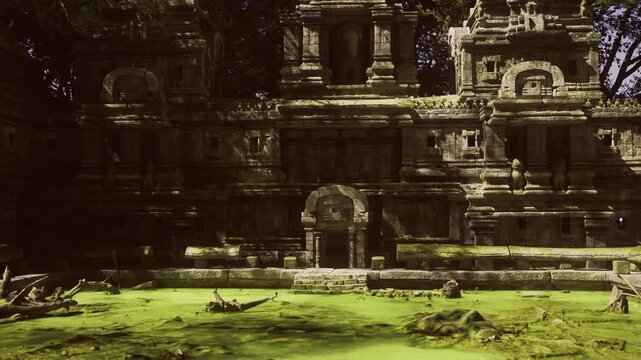 Moss covered temple faade at dusk, shadowed stone walls and broad green courtyard with scattered ruins, dramatic low light creating cinematic contrast