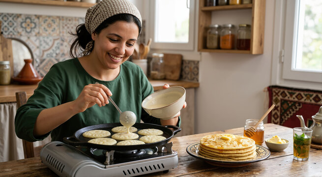 Smiling woman pouring batter to cook traditional Moroccan Baghrir pancakes. Female preparing homemade spongy breakfast with honey and mint tea in the kitchen