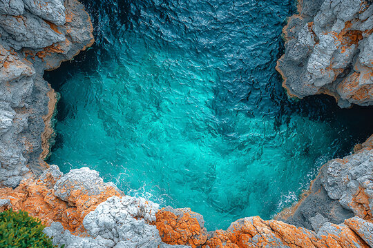 Turquoise seawater swirls between rugged rocky cliffs, revealing gradients from deep blue to bright aqua in a tranquil, secluded coastal lagoon seen from above.