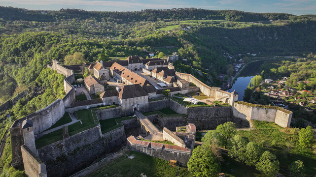 Aerial view of the historic Besancon Citadel with its massive stone fortifications and bastions overlooking the Doubs river in Besancon, Bourgogne-Franche-Comte, France.