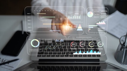 Fototapeta premium A project management dashboard with business performance analytics. A visualization of project timelines, KPIs, and company data for strategic review. Motif