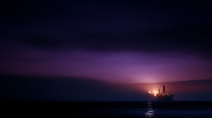 Obraz premium Industrial Offshore Structure at Night with Vibrant Purple Sky and Water Reflection, Glowing Lights on the Horizon at Dusk