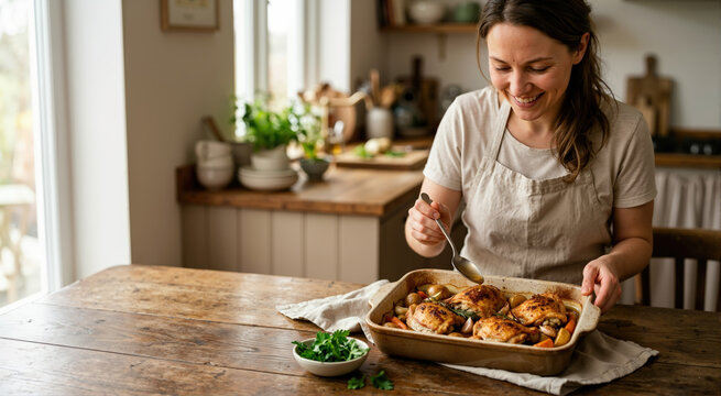 Smiling woman in apron basting baked chicken thighs in a kitchen. Homemade roasted poultry with potatoes and carrots on a rustic wooden table. Home cooking and meal preparation concept