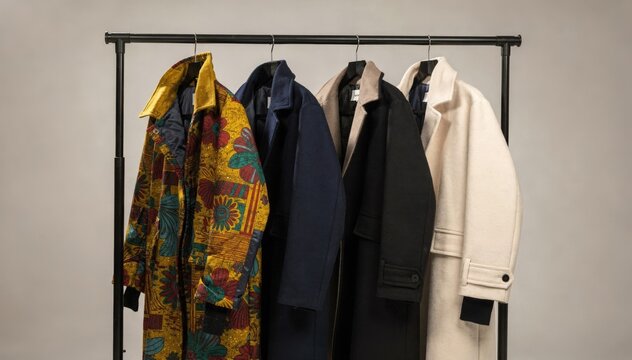 Medium shot of reversible coats on a rack featuring vibrant prints contrasted with solid colors highlighting versatile outerwear options for stylish seasonal layering.