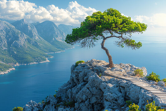 A solitary pine tree stands on a rocky cliff above a calm blue sea, backed by distant mountains, soft clouds, and a wooden path leading toward the dramatic view.