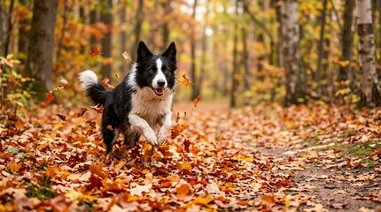 Obraz premium Border Collie running through fallen leaves on an autumn forest path. Active black and white dog playing in the woods. Seasonal fall nature