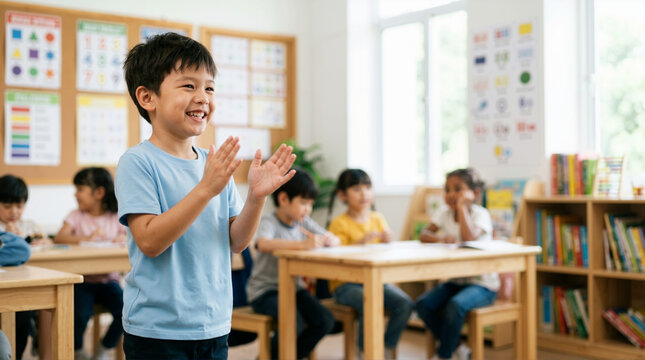 Happy Asian boy clapping hands and smiling in a bright classroom. Enthusiastic elementary student celebrating success with diverse classmates in the background. Primary education concept