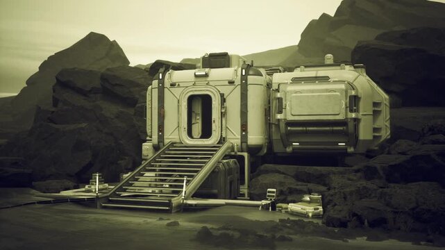 Entryfocused space station access module with stairs and hatch, visible life support conduits, pressure seals and external maintenance fixtures, closeup
