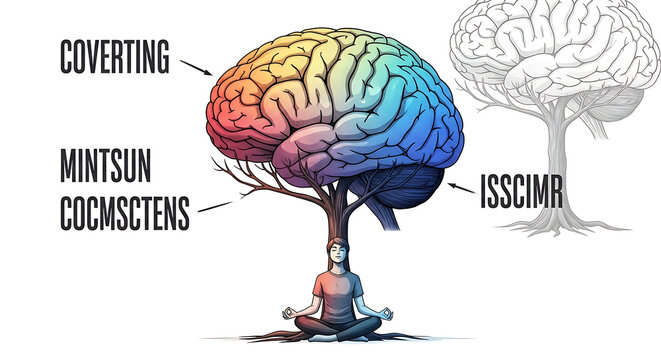 Person meditating under tree with colorful brain and another grayscale brain transparent background