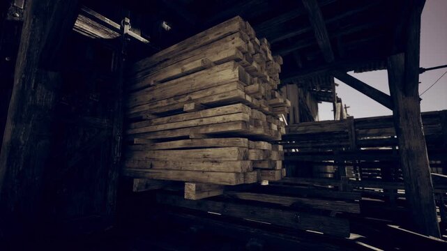 Dramatic Namibian lumber closeup with rim light, stacked planks showing deep grain, high contrast shadows and cinematic still life feeling, tactile aged