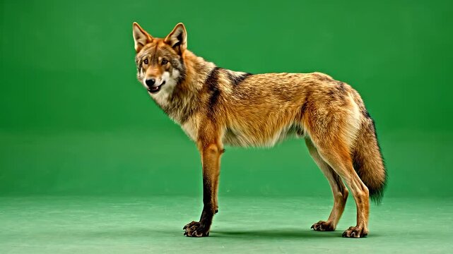 Maned Wolf with Golden Red Fur Standing on Green Screen Background