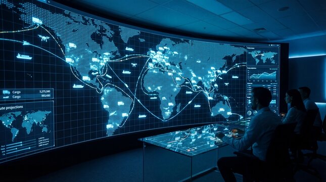 caucasian professionals working in modern control room with large glowing global map screen. worldwide logistics network, data analytics and command center operations. banner, website header.