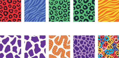 Colorful Animal Print and Safari Pattern Icon Set with Leopard, Zebra, Giraffe, and Cheetah Textures for Fashion and Textile Designs © MdSoleman