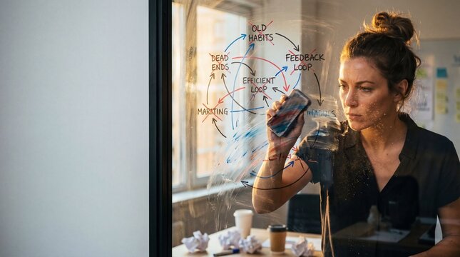 caucasian businesswoman erasing complex strategy diagram from glass board in sunny office. rethinking old habits and planning efficient loops. corporate brainstorming, banner, website header.