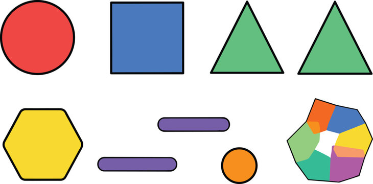 Colorful Basic Geometric Shape Icon Set with Circle, Square, Triangle, Hexagon, Rectangle, and Multicolor Polygon for Education and Design Projects